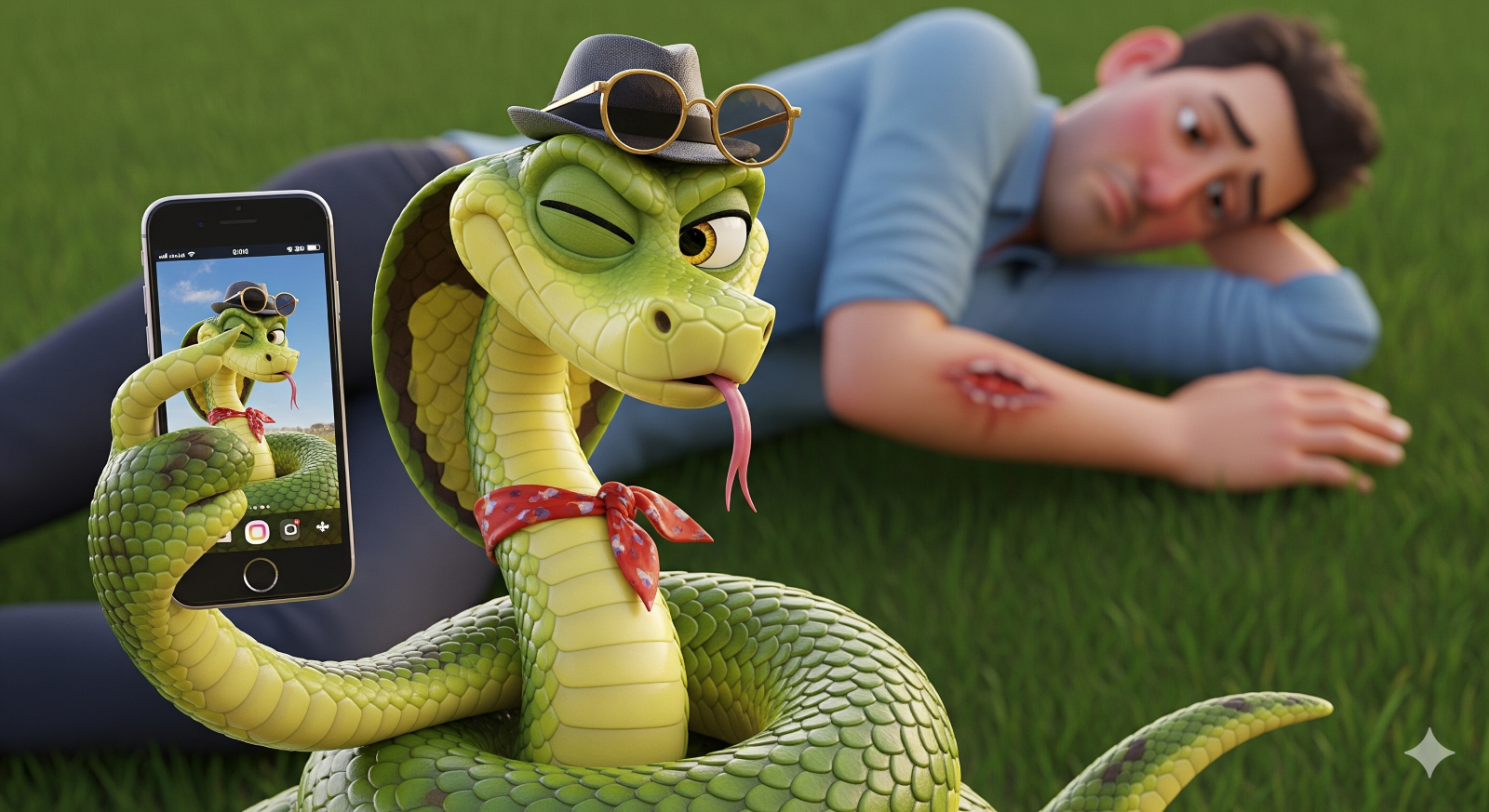 자신이 물어 쓸어져 있는 농부와 셀카 찍는 독사