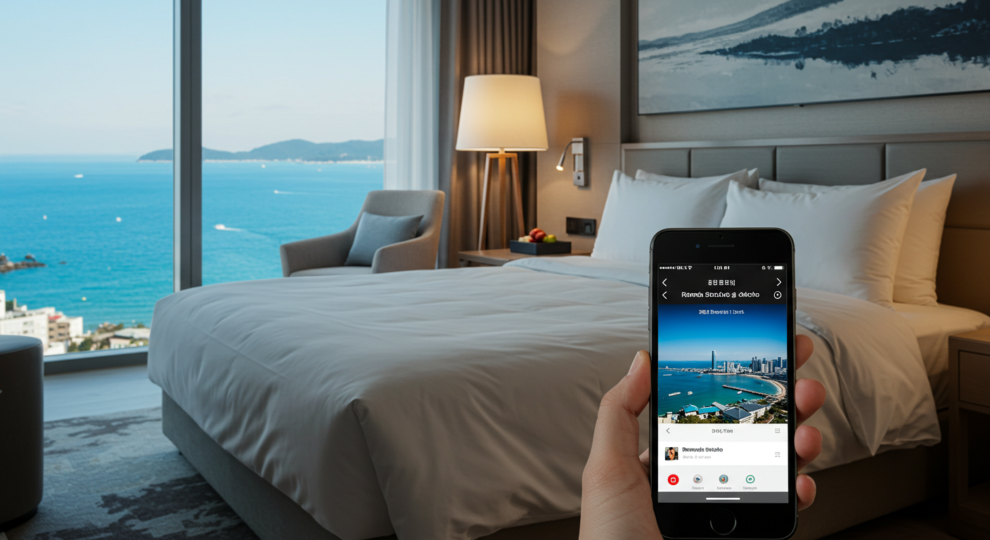 속초 라마다 호텔 오션뷰 객실에서 숙소 예약 앱을 보는 모습