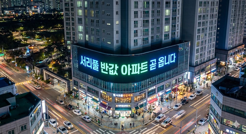 아파트 단지 전광판에 '서리풀 반값 분양 예정' 문구가 선명하게 떠 있는 서울 밤거리 풍경