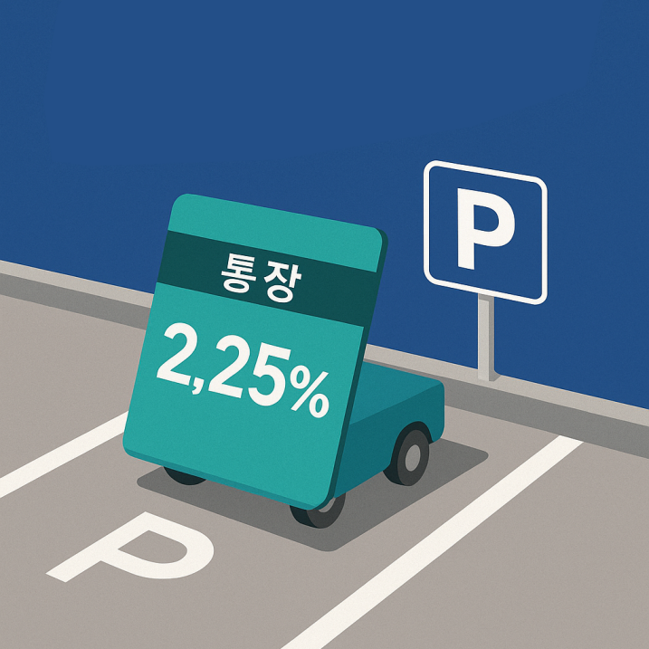 파킹통장을 상징하는 통장이 실제 주차장에 주차되는 모습을 그린 2D 일러스트 이미지로, 단기 자금 운용과 비상금 관리의 개념을 시각적으로 표현한 구성.