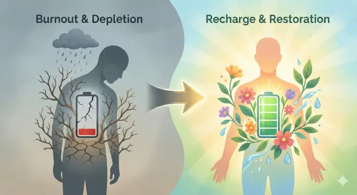 왼쪽 패널은 어두운 회색 배경에 방전된 배터리와 시든 가지로 가득 찬 지친 사람의 실루엣을 보여주고, 중앙의 화살표를 지나 오른쪽 패널은 밝은 노란색 배경에 완충된 배터리와 만발한 꽃으로 에너지가 넘치는 회복된 사람의 실루엣을 대조적으로 표현한 이미지.