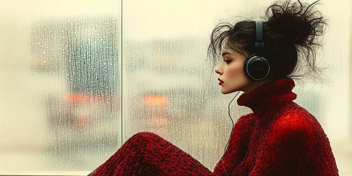A person sitting by a window on a rainy day, wearing headphones, lost in thought, raindrops on the glass reflecting city lights, cozy and melancholic atmosphere, soft warm lighting, ultra-realistic cinematic portrait
