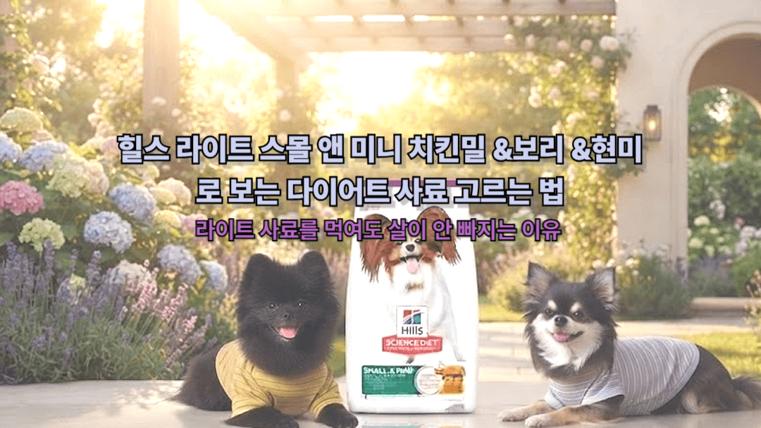 힐스 라이트 스몰 앤 미니 치킨밀 &amp;amp;보리 &amp;amp;현미 사료 이미지와 엎드려있는 장모치와와 리치, 포메라니안 탄이의 사진을 합성해 썸네일로 활용
