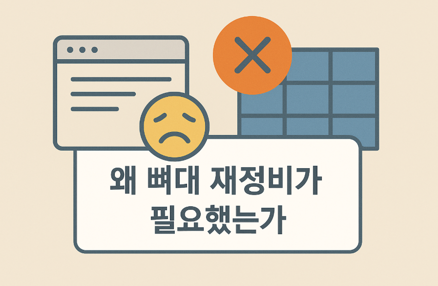 블로그 구조 문제를 나타내는 경고 아이콘과 슬픈 이모티콘이 포함된 재정비 필요성 일러스트.