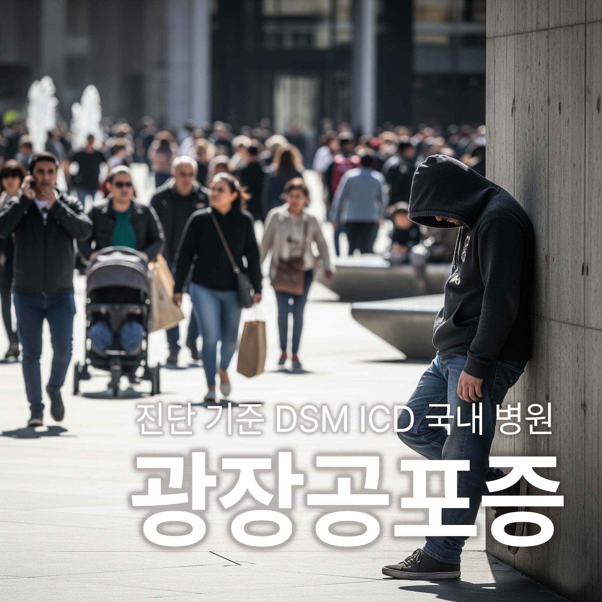 사람들이 많은 곳에서 광장공포증으로 힘들어 벽에 기대 서 있는 사람
