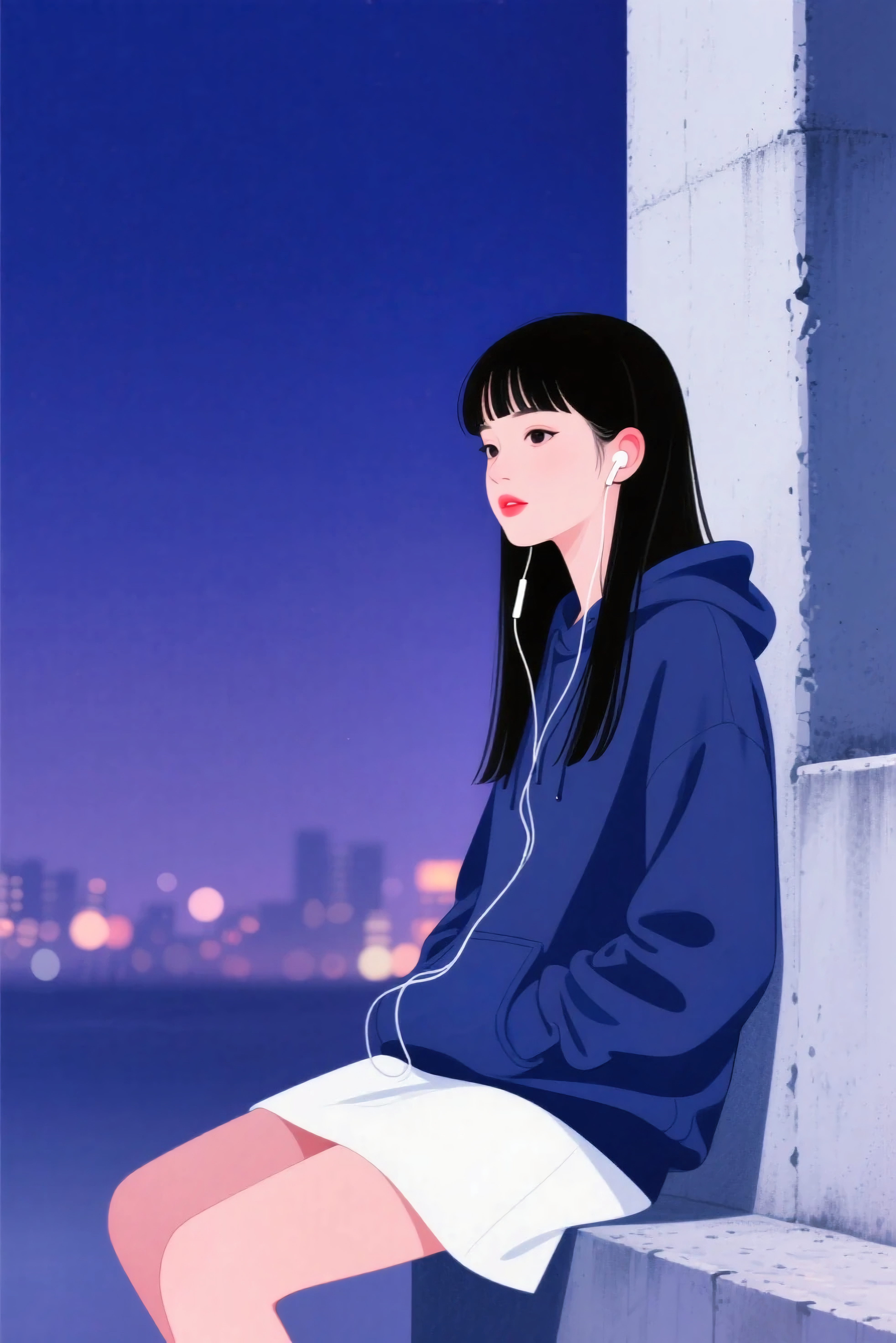 이어폰을 끼고 담벼락에 앉아 있는 여성, 저녁 시간, 생각에 잠신여성
