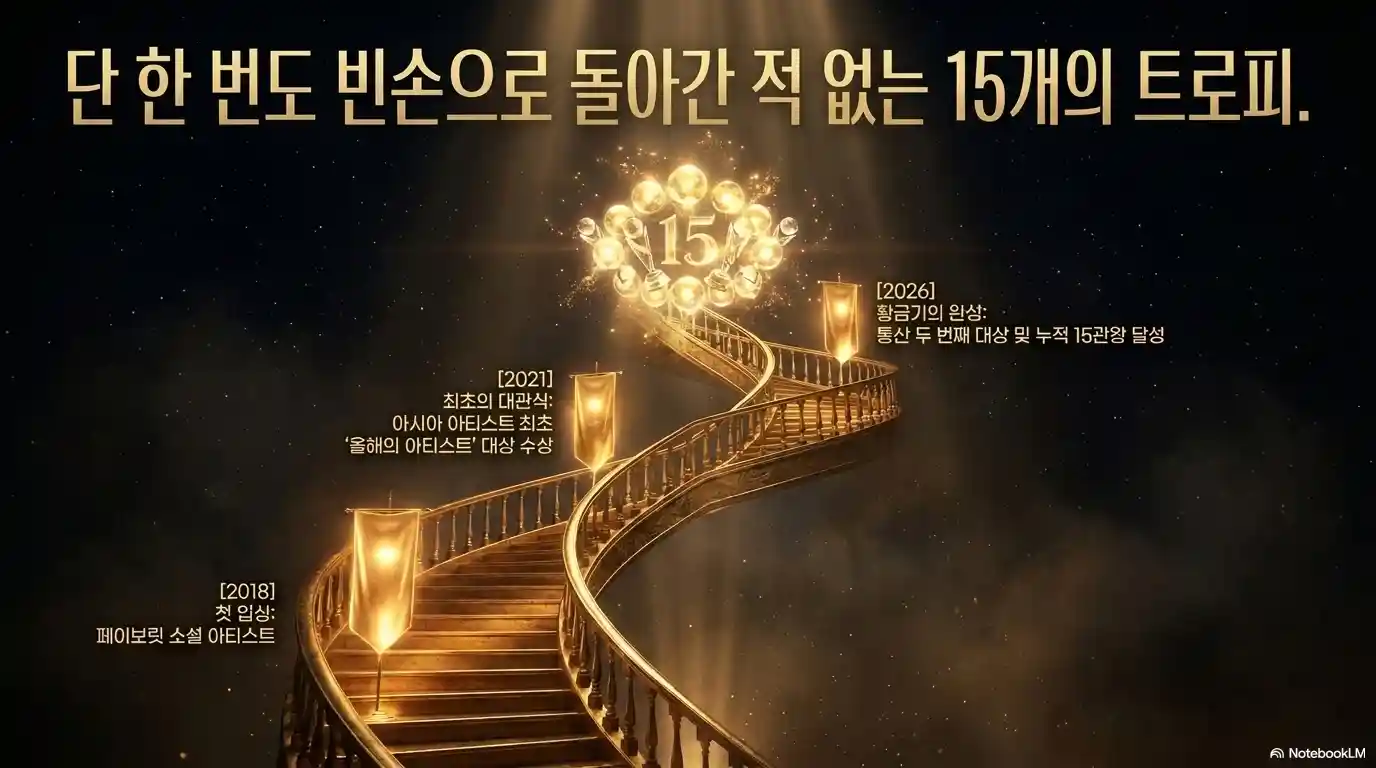 BTS AMA 수상 역사 타임라인 2018년 첫 입성부터 2026년 통산 15개 트로피 달성까지 계단식 기록
