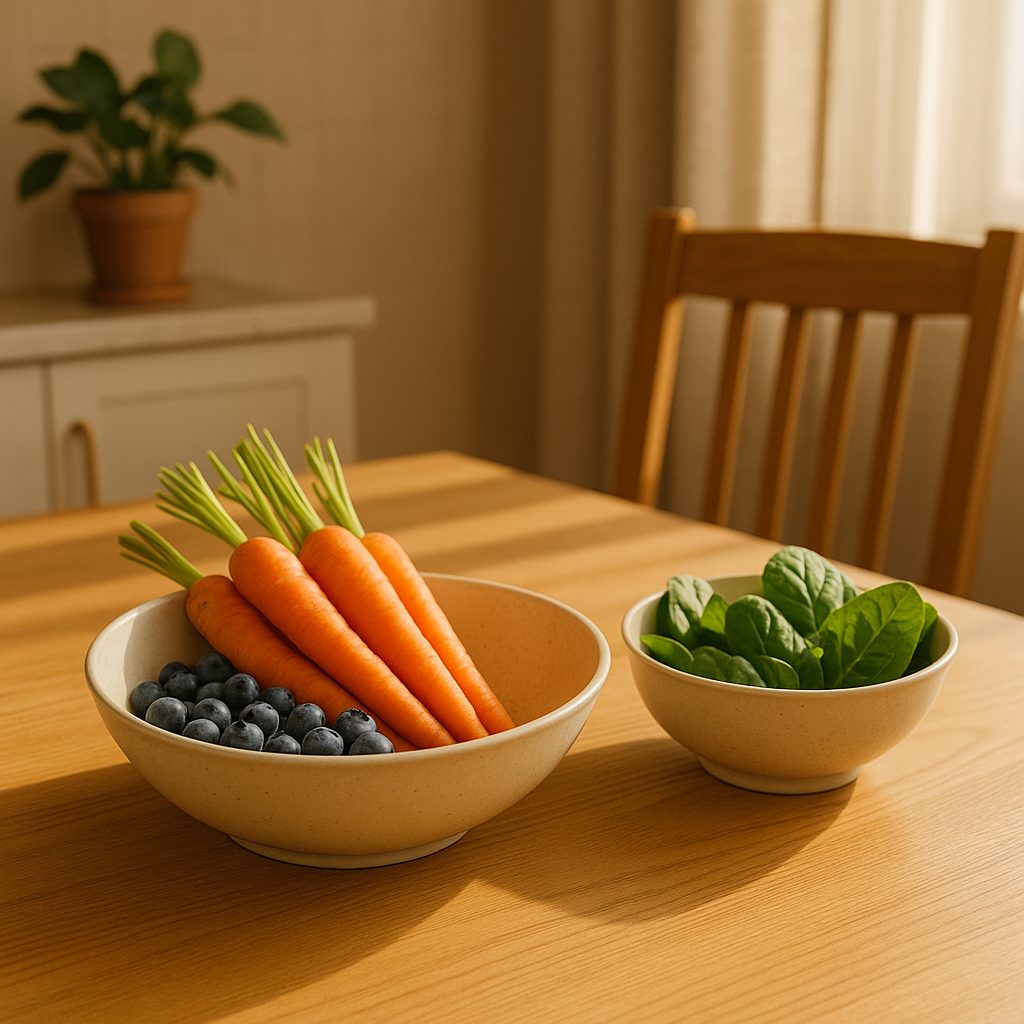 눈 건강에 도움이 되는 채소와 과일 — 당근, 블루베리, 시금치가 담긴 건강한 식탁.