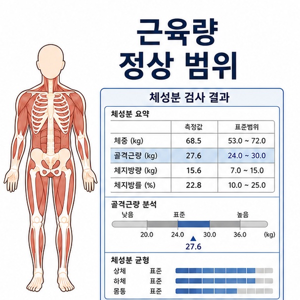 사람의 골격근과 체성분 검사 결과를 이용해 근육량 정상 범위를 확인하는 모습을 보여주는 그림