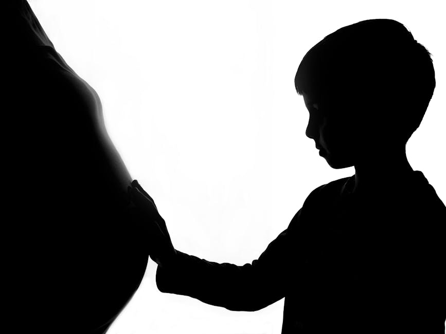 Silhouette of a boy gently touching a pregnant belly, creating a heartwarming connection.