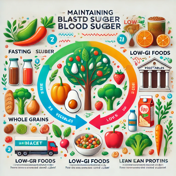 공복혈당 관리를 위한 건강한 식단과 저혈당 지수 음식 예시.
