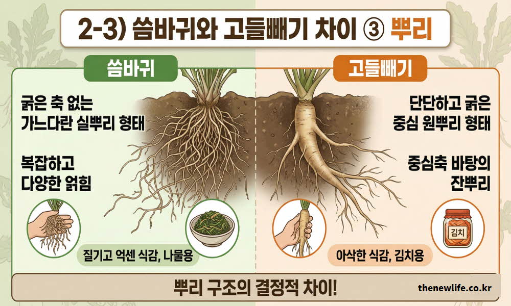 씀바귀와 고들빼기 차이점 뿌리