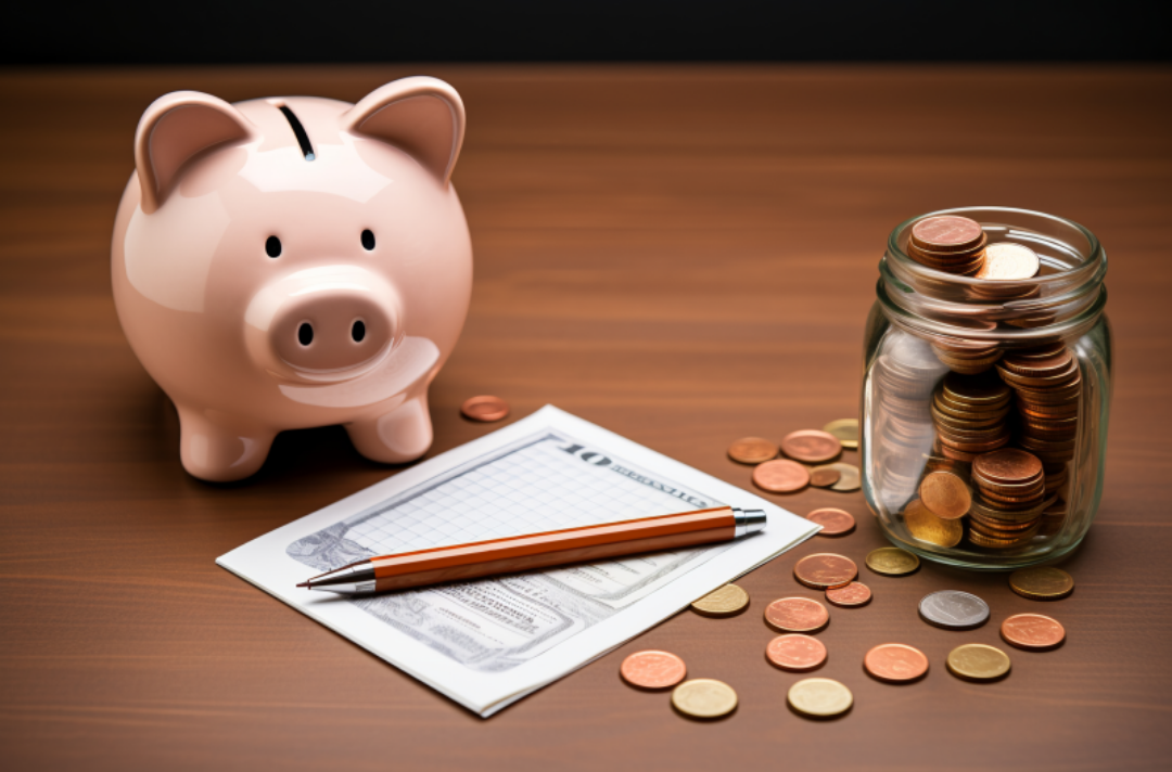 돼지저금통과 동전이 담긴 유리병