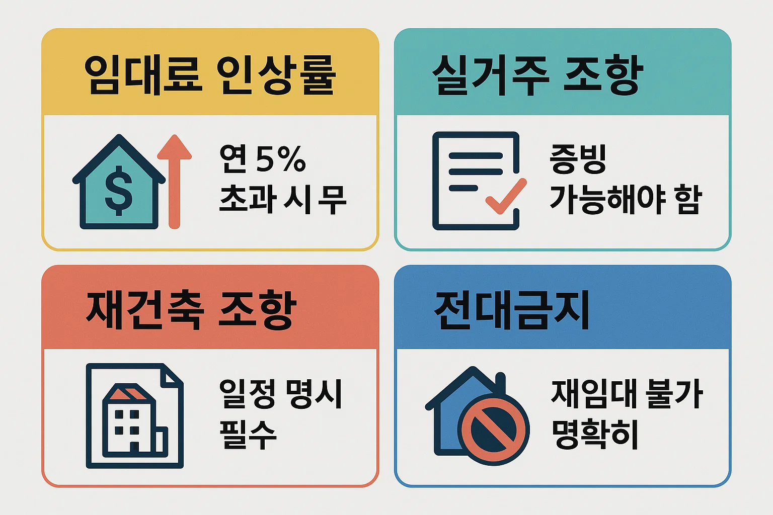 전세계약서에 반드시 포함해야 할 주요 특약 조항(임대료 인상률, 실거주 증빙, 재건축 조항, 전대금지 등)을 2025년 개정 기준으로 정리한 실전형 인포그래픽.