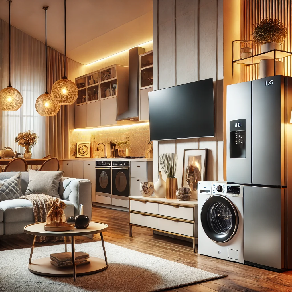 현대적이고 스타일리시한 거실과 주방에 LG 가전제품이 배치된 모습. LG OLED TV와 LG 디오스 냉장고가 세련되게 자리 잡고 있으며, 세탁기와 식기세척기가 깔끔한 인테리어와 조화를 이루고 있다. 따뜻한 조명 아래 신혼부부의 아늑한 공간을 연출한 장면.