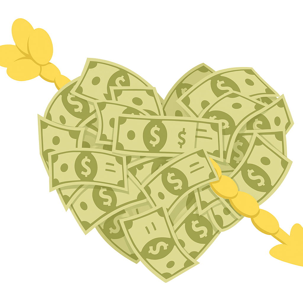 돈으로 이루어진 하트와 황금 리본이 어우러진 상징적 이미지