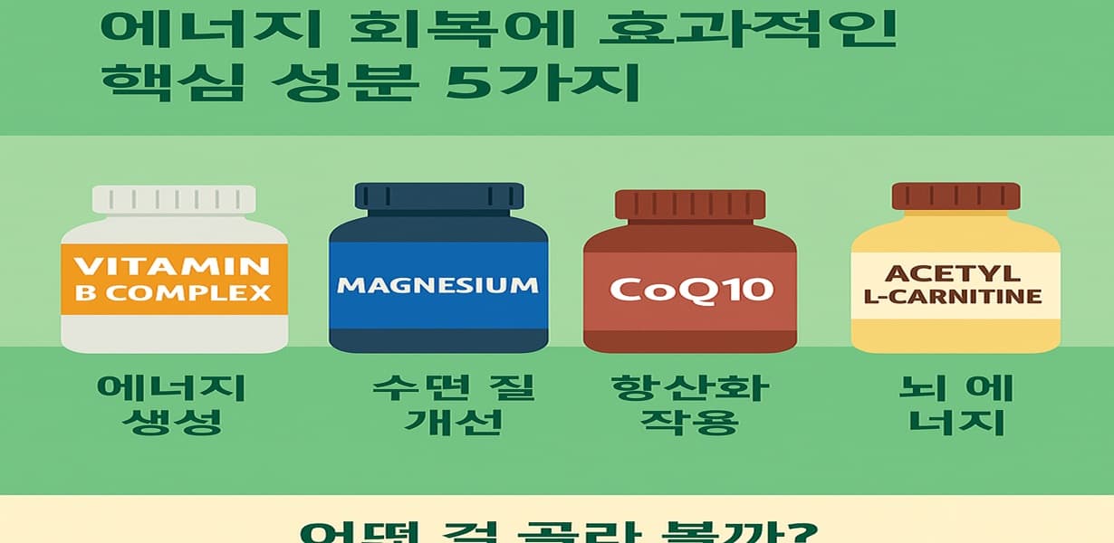 “비타민 B, 마그네슘, 코엔자임 Q10, 타우린, 아세틸-L-카르니틴이 에너지 회복에 효과적인 핵심 성분으로 정리된 인포그래픽”
