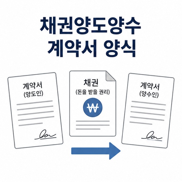 계약서와 채권을 상징하는 문서, 이전 화살표를 함께 배치해 채권양도양수 계약서 양식을 설명하는 대표 이미지