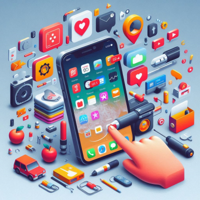 스마트폰과 다양한 앱 아이콘들이 손가락 터치와 함께 디지털 공간에서 상호작용하는 모습