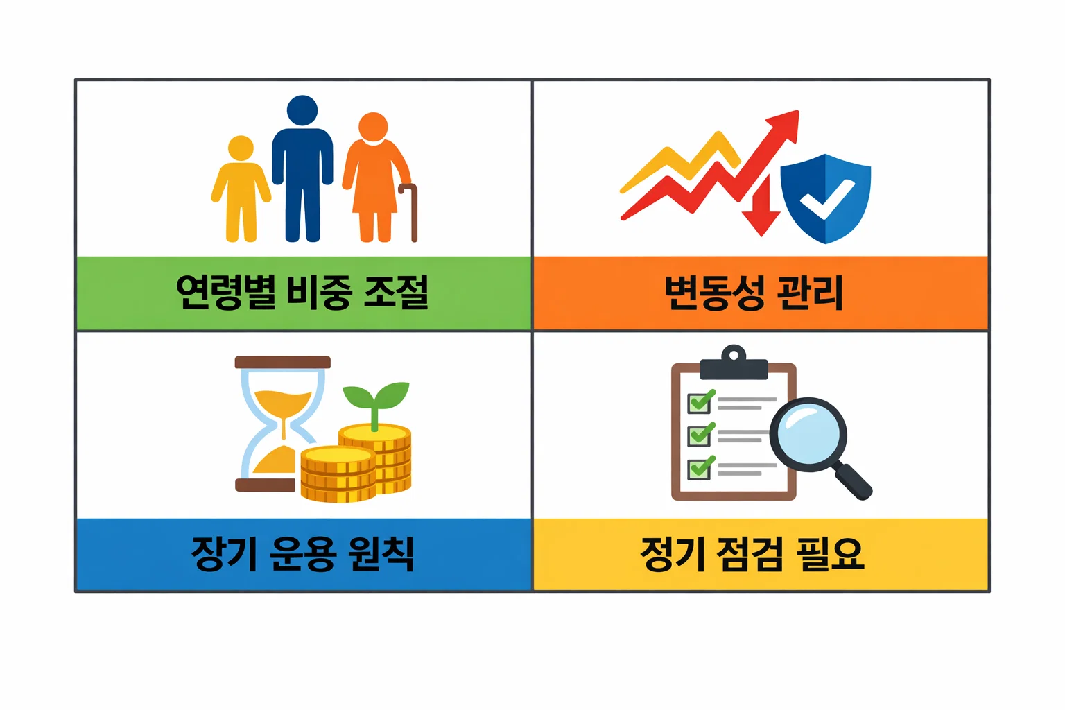 연금보험 ETF 포트폴리오를 구성할 때 연령별 비중 조절과 변동성 관리, 장기 운용 원칙, 정기 점검의 필요성을 강조한 이미지