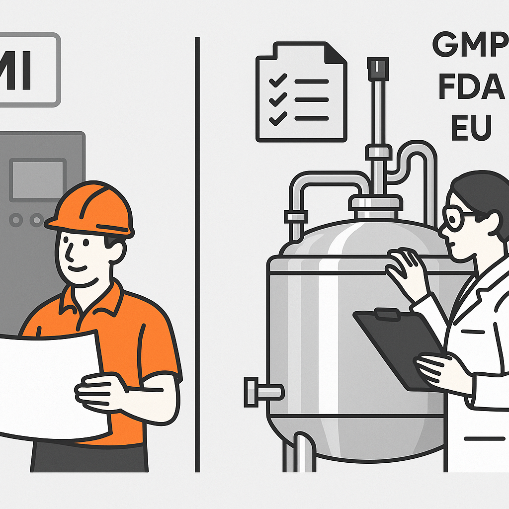 Illustration comparing semiconductor and pharmaceutical equipment approval systems, with SEMI standards vs GMP validation icons