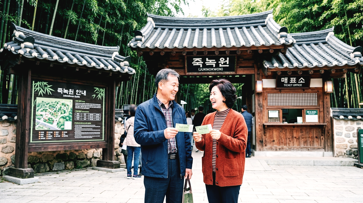 죽녹원 매표소 앞에서 서 있는 50대 부부의 모습