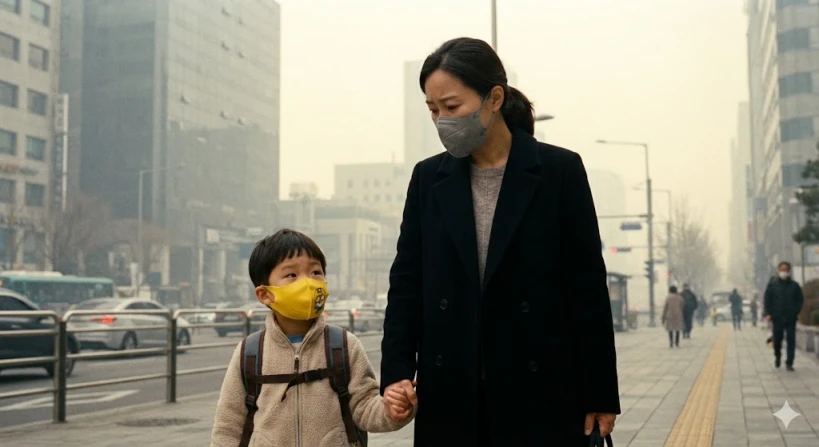 미세먼지속을 걷고있는 한국인의 엄마와 유치원생아이, 두사람은 마스크를 하고 있다.