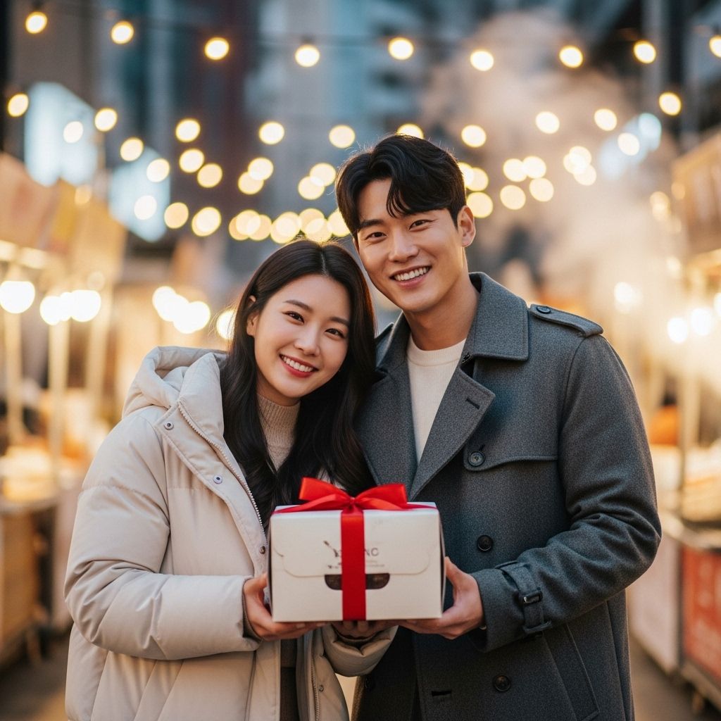 크리스마스 선물, 케이크 상자를 들고있는 연인