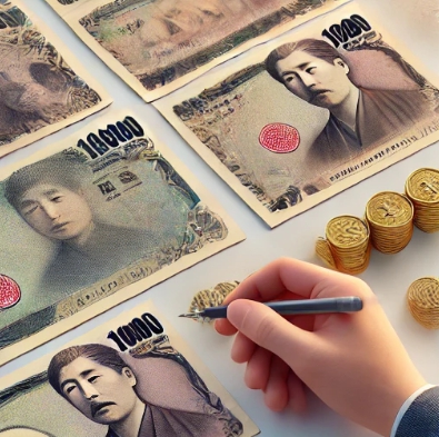 일본 지폐와 동전이 놓여 있는 모습