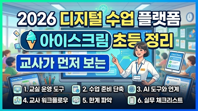 2026년 교사를 위한 아이스크림 초등 디지털 수업 플랫폼 운영 포인트 6가지를 요약한 썸네일 이미지입니다. 교실 배경에 태블릿을 든 선생님과 함께 '2026 디지털 수업 플랫폼', '아이스크림 초등 정리', '교사가 먼저 보는'이라는 문구와 핵심 포인트 6가지가 아이콘과 함께 직관적으로 표현되어 있습니다.