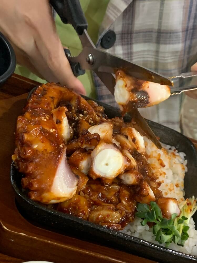 문어 가위로 자르는 모습