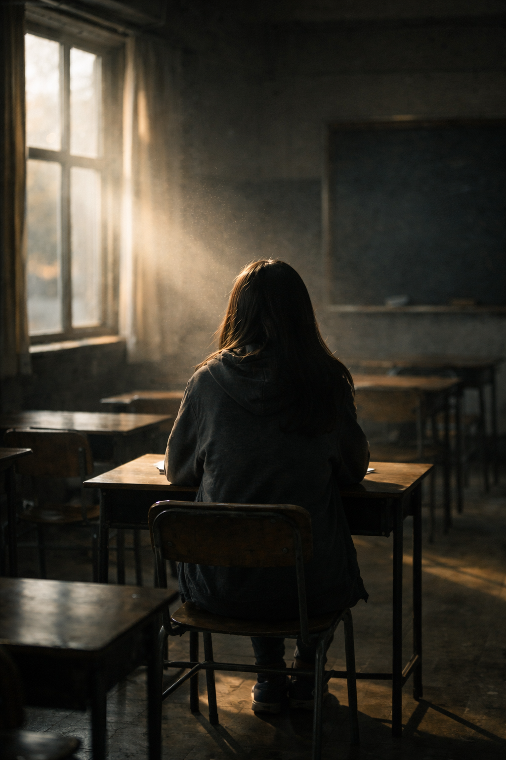 어둡고 빈 교실에 혼자 앉아 있는 뒷모습과 창가로 비치는 강렬한 햇살, 드라마 더 글로리의 학교 폭력 상처와 복수의 서사를 상징하는 이미지