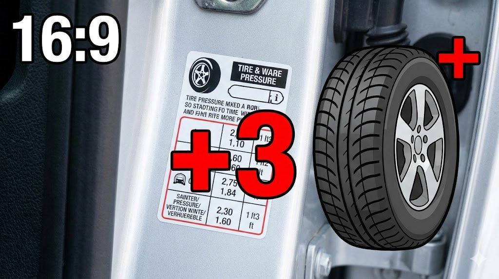 차량 도어 안쪽 공기압 스티커와 겨울철 추가 주입을 설명하는 이미지