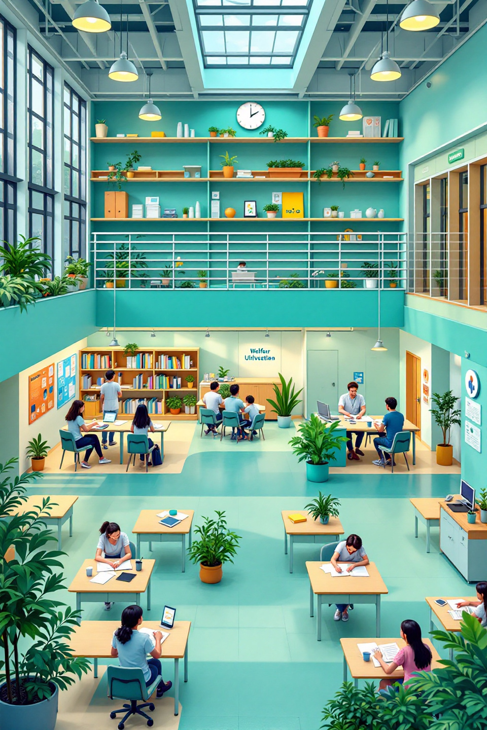 대학 민트색 도서관 건물 안에 학생들이 열심히 공부 하고 있는 이미지