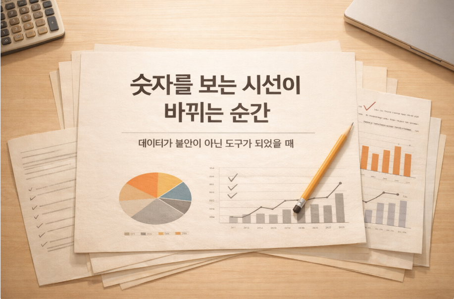 데이터 지표 문서와 노트북이 놓인 차분한 톤의 블로그 운영 대표 썸네일 이미지