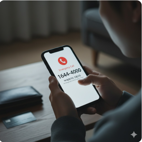 휴대폰으로 카드사의 긴급 전화 번호를 누르는 모습