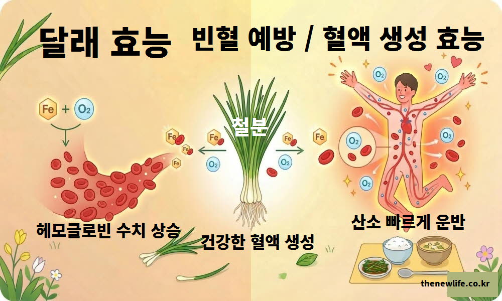 달래 효능이 빈혈 예방과 혈액 생성에 도움 되는 것을 설명하는 이미지