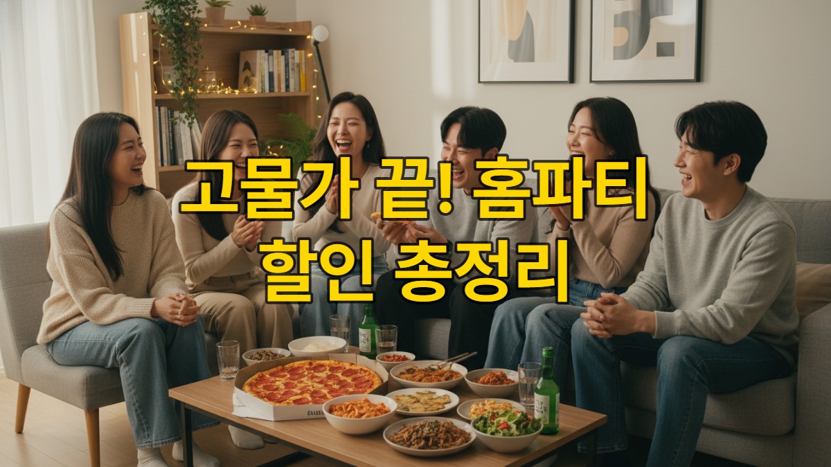 2026년 한국의 아늑한 거실에서 친구들이 피자와 밀키트로 푸짐한 홈파티를 즐기며 웃고 있는 모습.