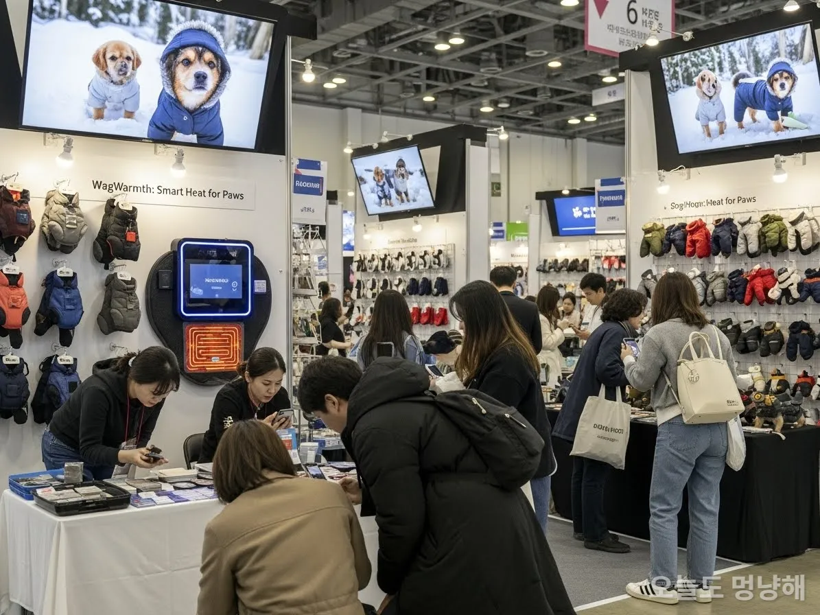 2026 케이펫페어 전시장 내부 모습, 다양한 기능성 강아지 겨울 의류가 전시되어 있고 관람객들이 구경하고 있다.