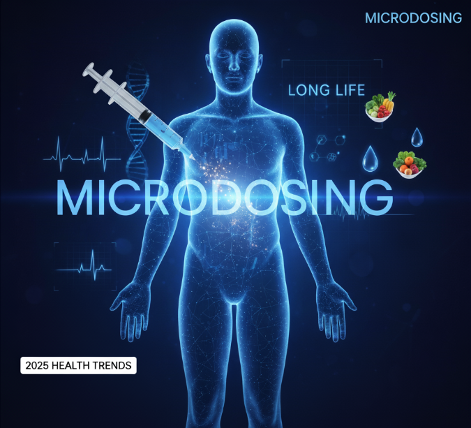 GLP-1 다이어트 및 마이크로도징을 상징하는 건강·의학 관련 일러스트 이미지