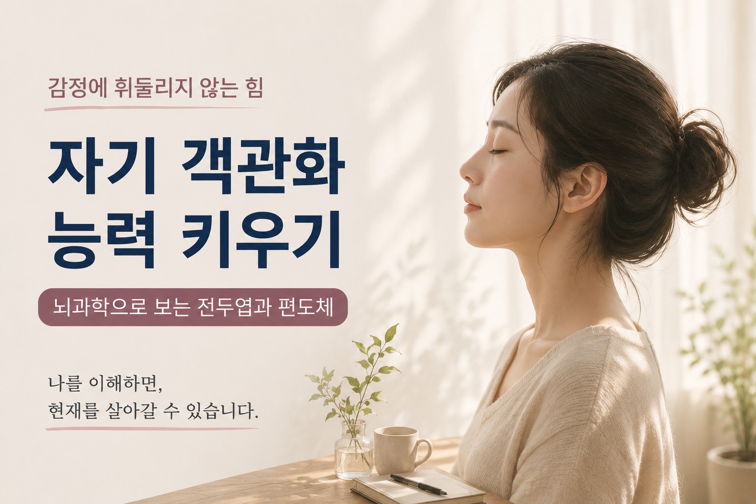 눈을 감고 자기 성찰을 하는 여성의 옆모습과 함께 자기 객관화와 감정 조절을 상징적으로 표현한 심리학 썸네일 이미지