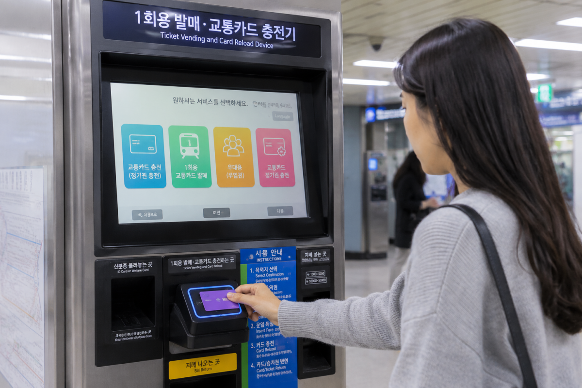 지하철 무인충전기에서 기후동행카드를 충전하는 모습