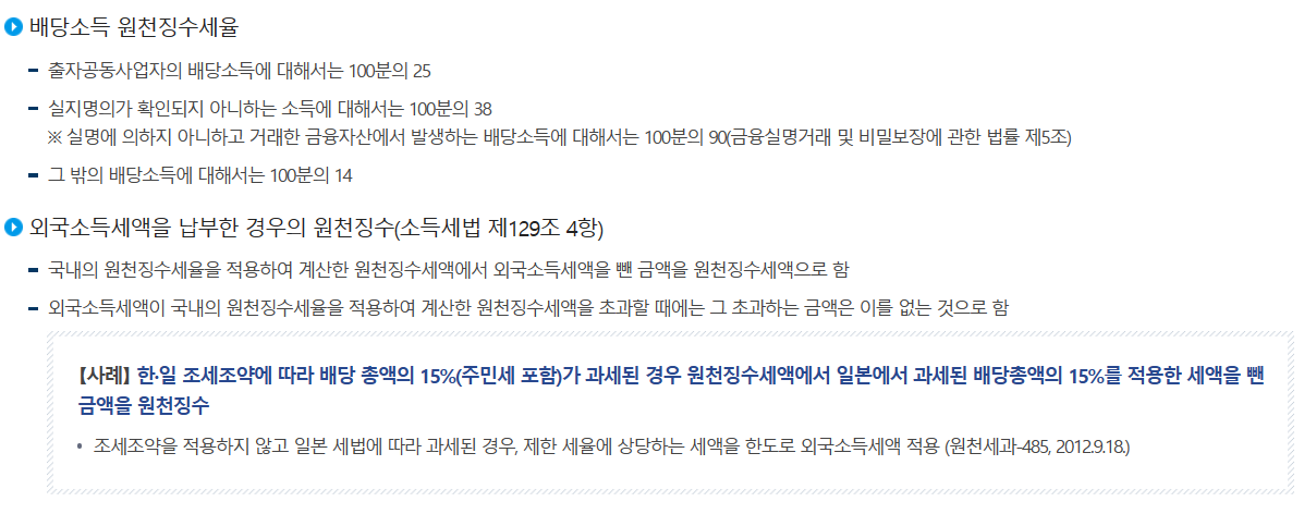 배당소득 원천징수세율(국세청)