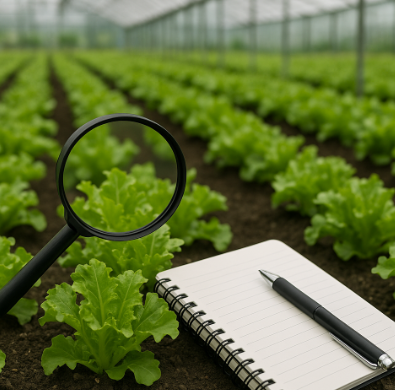 온실 안에서 작물 생육 상태를 기록하며 분석 도구를 사용하는 모습