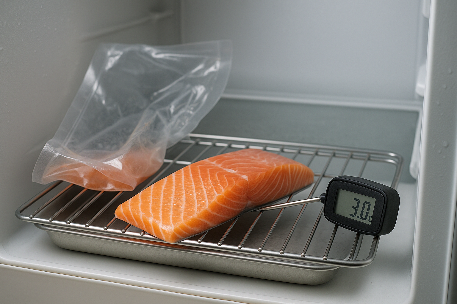 냉장고 하단 선반에서 포장 제거한 연어를 그물망+받침 트레이 위에 올리고 코어 온도계를 꽂아 3°C로 확인하는 장면