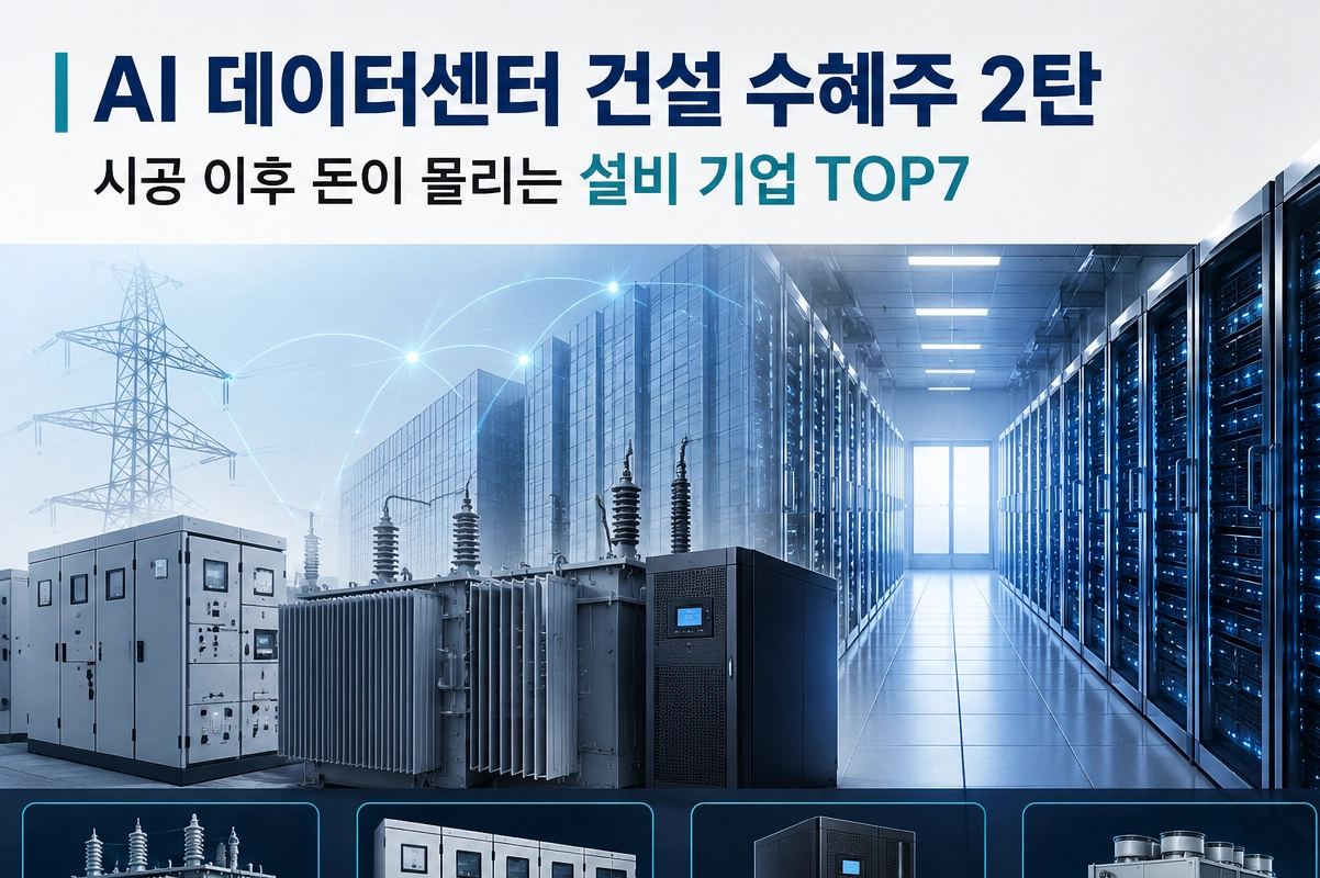 AI 데이터센터 건설 이후 변압기, 배전반, UPS, 냉각 설비 등 핵심 인프라와 서버랙을 배경으로 설비 기업 TOP7을 소개하는 대표 썸네일 이미지