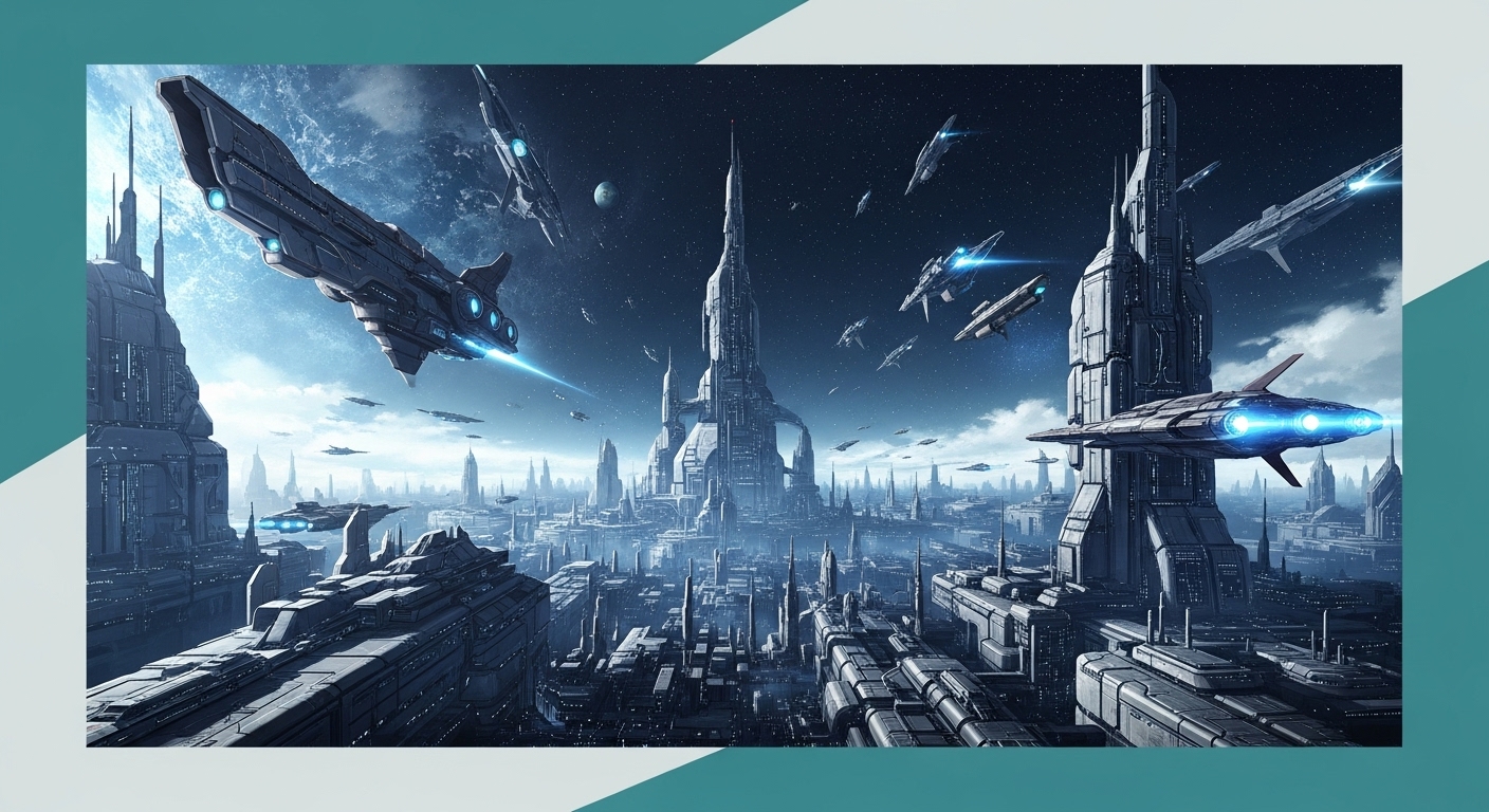 거대한 우주선 또는 스페이스 오페라 전투를 묘사한 애니메이션 일러스트. 압도적인 스케일과 섬세한 SF 배경이 특징입니다.