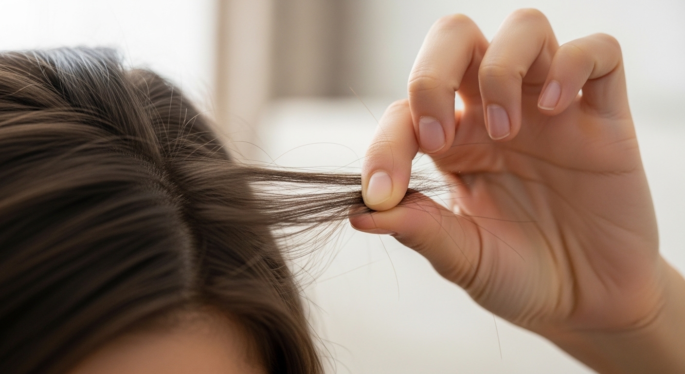 여성이 자신의 마른 머리카락을 손으로 잡고 당겨 탈모 여부를 확인하는 모습.