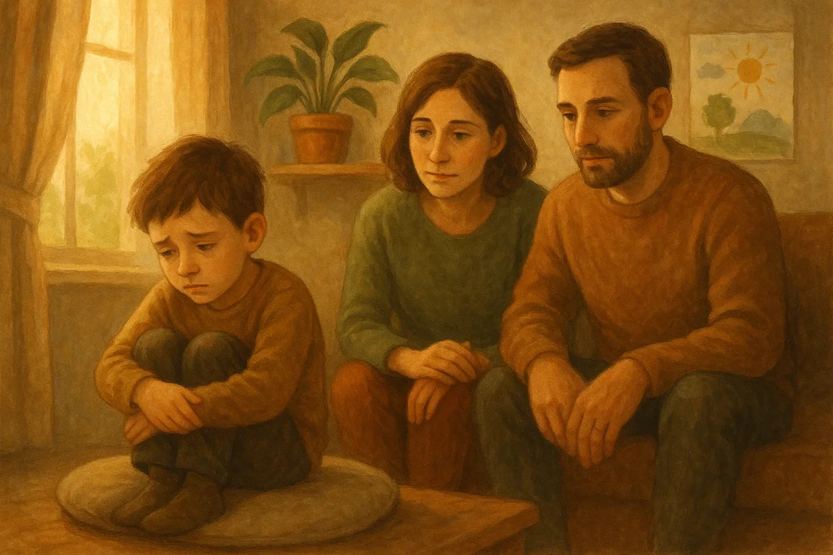 아이의 감정 신호(불안, 우울)를 공감하며 지켜보는 부모와 건강한 성장 상징