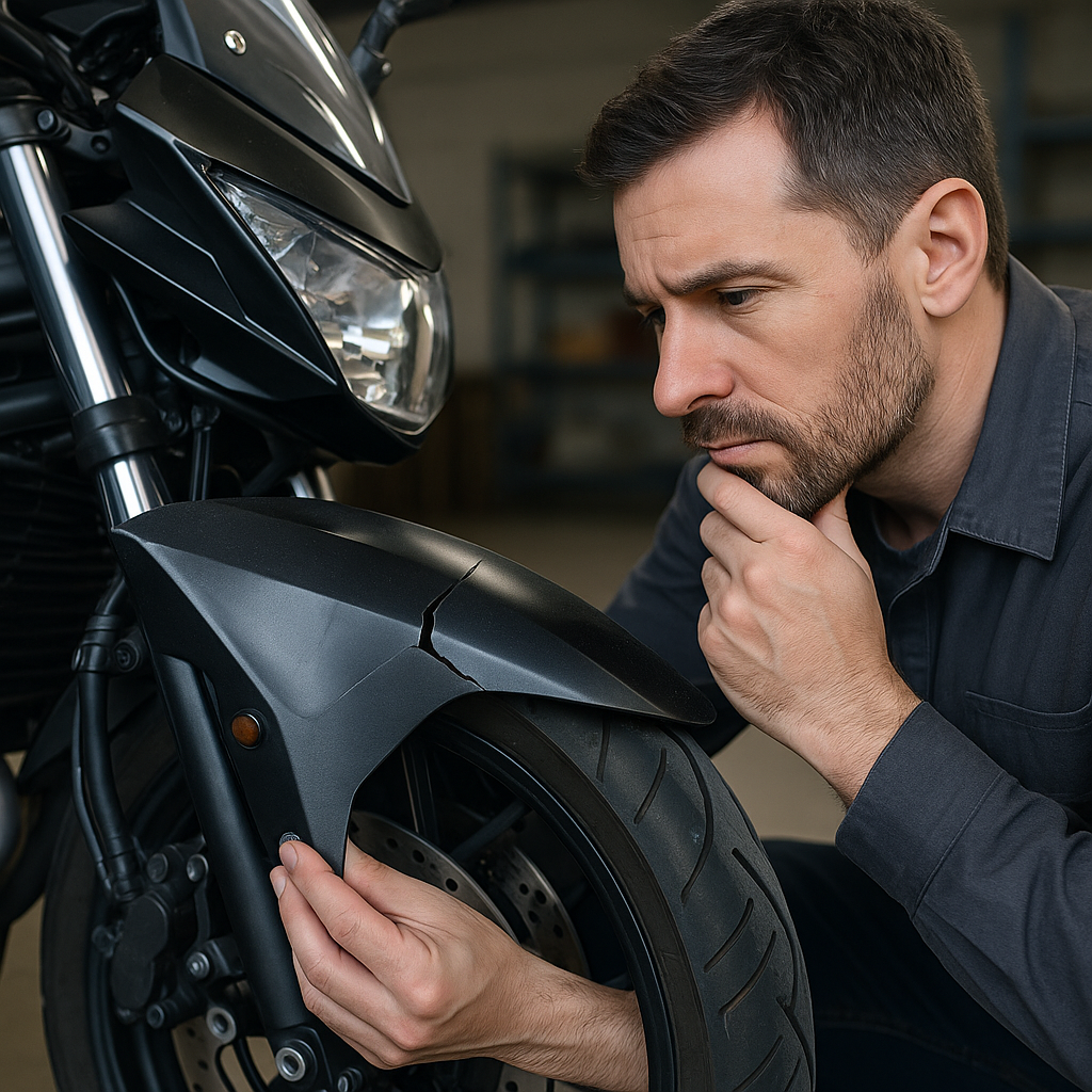 파손된 오토바이 카울을 들여다보는 정비사